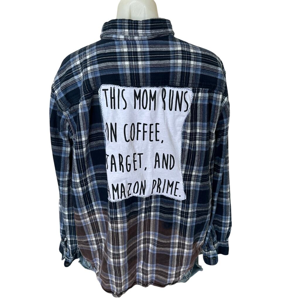 This Mom Runs on Coffee Plaid Flannel Shirt XL Classic Oversized Unique Quote